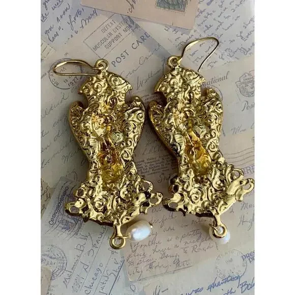 Celestial Angel Goddess Statement Earrings Star Rhinestone Pearl Drop Hooks Boho - Picture 3 of 5